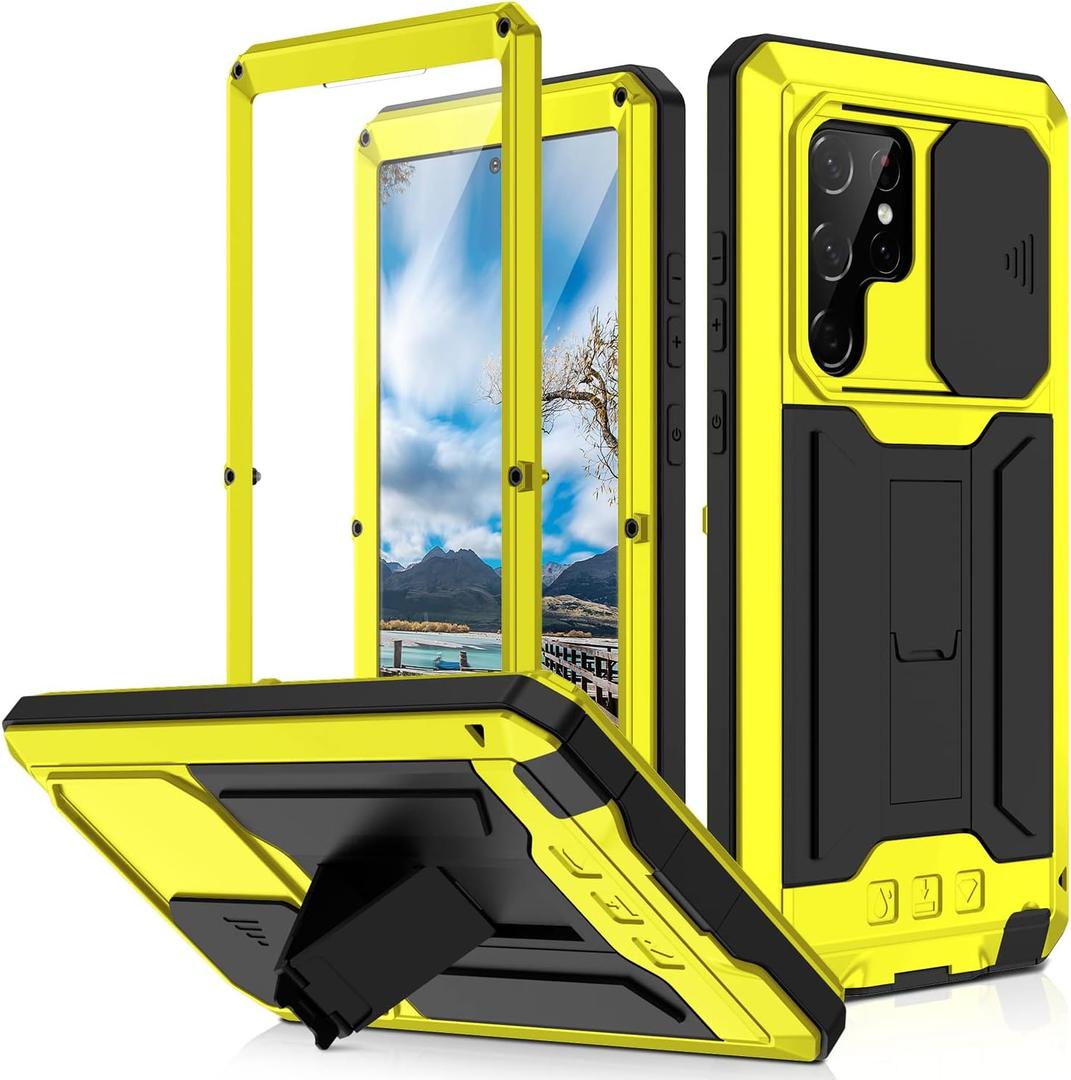 Compatible with Samsung S22 Ultra Case with Screen Camera Protector, S22 Ultra Rugged Military Metal Heavy Duty Waterproof Case with Stand Screen Protector Slide Camera Cover Outdoor (Yellow)