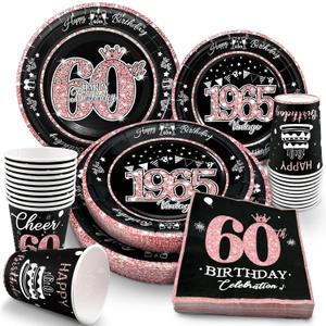 60th Birthday Decorations Rose Gold, Service for 30, Vintage Party Supplies Includes Rose Gold 1965 Plates, Napkins,Cups 60th Birthday Plates and Napkins for Women