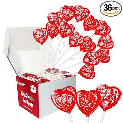 No Artificial Dyes, 36 Pack Romantic 3D Red Heart-Shaped Lollipops Carvings In Flower, Arrow and Cupid, Lollipops suckers Individually Wrapped For Party Candies, Gluten Free Raspberry Flavor
