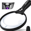 Large Magnifying Glass with Light, Magnifier Handheld Illuminated Lighted Magnifier with 3 LED Lights 1 UV Light Storage Bag Clean Cloth for Seniors Reading Inspection (Black)