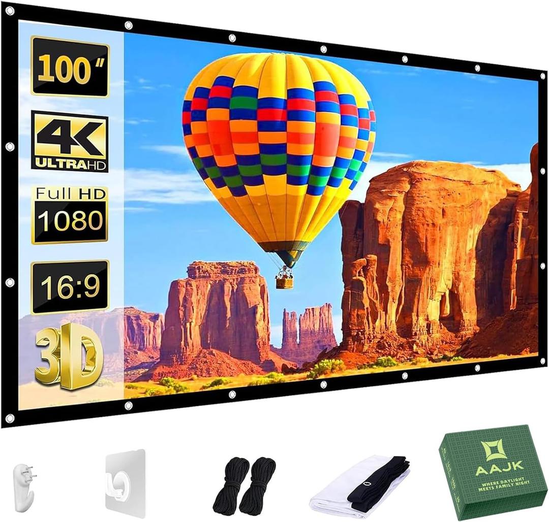 AAJK Projector Screen 100 inch, Washable Projector Screen 16:9 Foldable Anti-Crease Portable Projector Movies Screen for Home Theater Outdoor Indoor Support Double Sided Projection