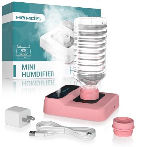 HOMDIS Travel Humidifier, Portable Small Humidifier for Plants, Bedroom, Office, Hotel or Car, 5000mAh Battery Operated Mini Cool Mist Humidifiers, Quiet 23dB, Auto-off, Night Light and BPA-Free, Pink