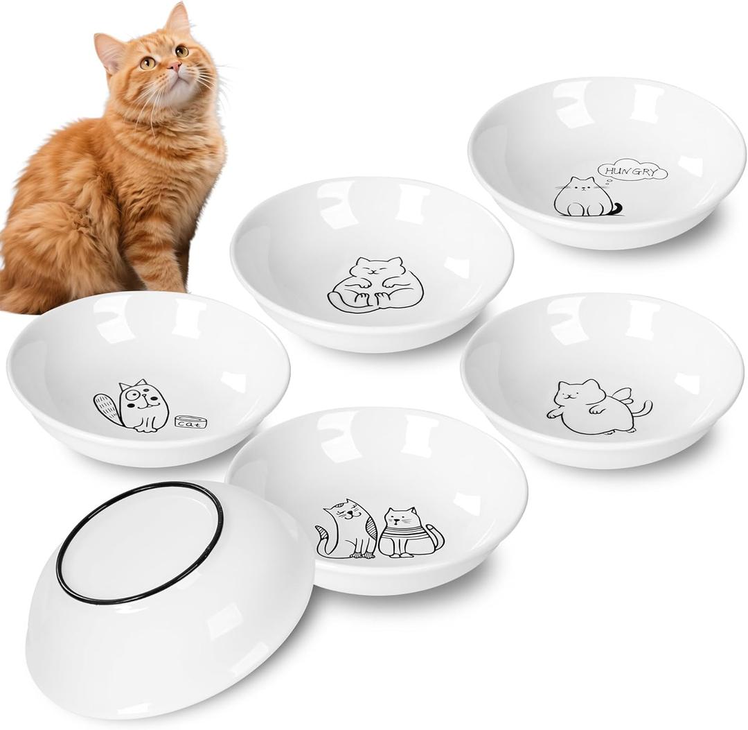 6 PCS Cat Bowls,Cat Food Bowl,Anti Whisker Fatigue Ceramic Cats Dishes for Indoor Cats,Shallow Wide Kitten Plates for Wet & Dry Food and Water,Non-Slip Silicone Base (Cute Drawing cat)