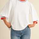 Tankaneo Womens 3/4 Sleeve Puff Tops Casual Loose Fit Patchwork Blouse Crew Neck T Shirts Tunic (White, L)