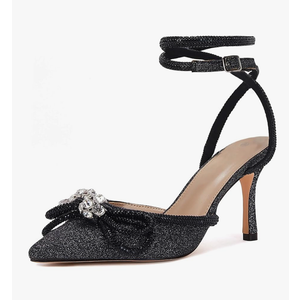 VETASTE Women's Double Bow Pointed Toe Ankle Strap Crystal Pumps Wedding Bridal Party Stilettos Backless Satin Heeled Sandals Black 7,5