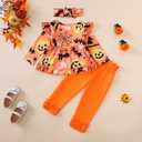 Kislio Toddler Baby Girls Fall Winter Clothes Pumpkin Ghost Shirt Tops Ruffle Pants Set Infant Thanksgiving Outfits 3PCS (6-12 Months)