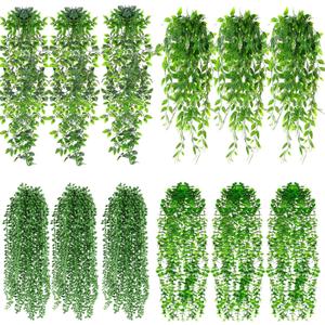 Daifunli 12 Pcs Artificial Hanging Plants Fake Hanging Ferns Plastic Faux Plants for Wall Room Garden Garland Indoor Outdoor Decor No Basket (Eucalyptus,Mandala,String of Pearls,Pea)