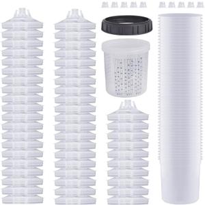 Disposable Paint Sprayer Mixing Cup for Automotive Paint Gun, HVLP Paint Spray Paint Gun 20 Ounce (600ml) Kit with 50 Cups and Lids System, 1 Hard Cup with Retainer Ring and 10 Plugs