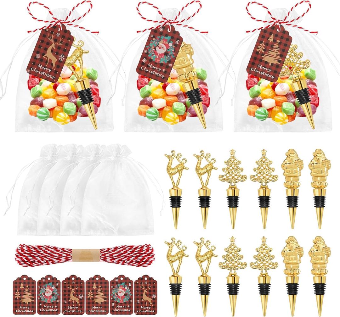 12Pcs Christmas Wine Bottle Stoppers Set Xmas Tree Santa Claus Deer Wine Bottle Corkers Christmas Party Favors with Card and Ropes, for Winter Decor Holiday Supplies Wine Accessories Gift for Hostess