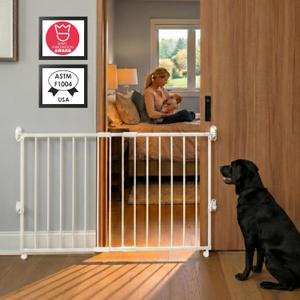 Yeagle Extendable Rolling Guard, Adjustable Dog Gate 33-51" for Stairs Doorways Hallways, No Bottom Rail, White Metal Pet Barrier with Wheels, One-Hand Operation, Dual-Side Opening