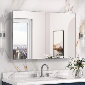 Keonjinn 36 x 24 Inch Bathroom Mirrored Medicine Cabinet, Lightweight Aluminum Structure, Freely Adjustable Shelves, Combined Assembly Needed, Surface Mount or Recessed Mirror with Storage (Silver)