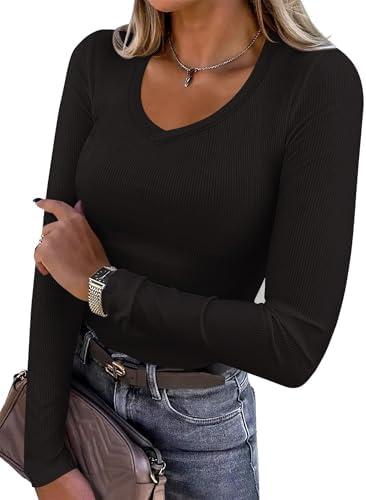 REORIA Womens Long Sleeve Shirts 2025 Fall Trendy Deep V Neck Slim Fit Basic Tops Casual Going Out Top Tee Blouse Size L