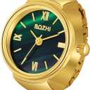 JewelryWe Men Women Finger Watch Stretchy Band Elastic Round Simple Dial Quartz Ring Watches for Valentine's Day (Green/Gold)