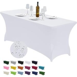 CWK 6FT Waterproof Stretch Spandex Table Cover for Rectangular Tables - Elastic Fitted Tablecloth for Folding Tables,Wrinkle Resistant Table Cloth for Parties, Weddings, Banquets & Events (White)