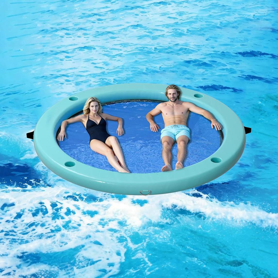 Sunchill Float Ring with 6 Cup Holders, Inflatable Water Hammock Heavy Duty Lake Floats for Adults Party, Round Floating Island Lounge Platform Raft for Tanning Pool River