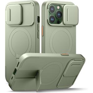 SURITCH for iPhone 13 Pro Case with Magnetic Camera Slide Cover and Adjustable Kickstand, Compatible with MagSafe, Shockproof Bumper Case Slim Protective Cover for iPhone 13 Pro 6.1 Inch, Green