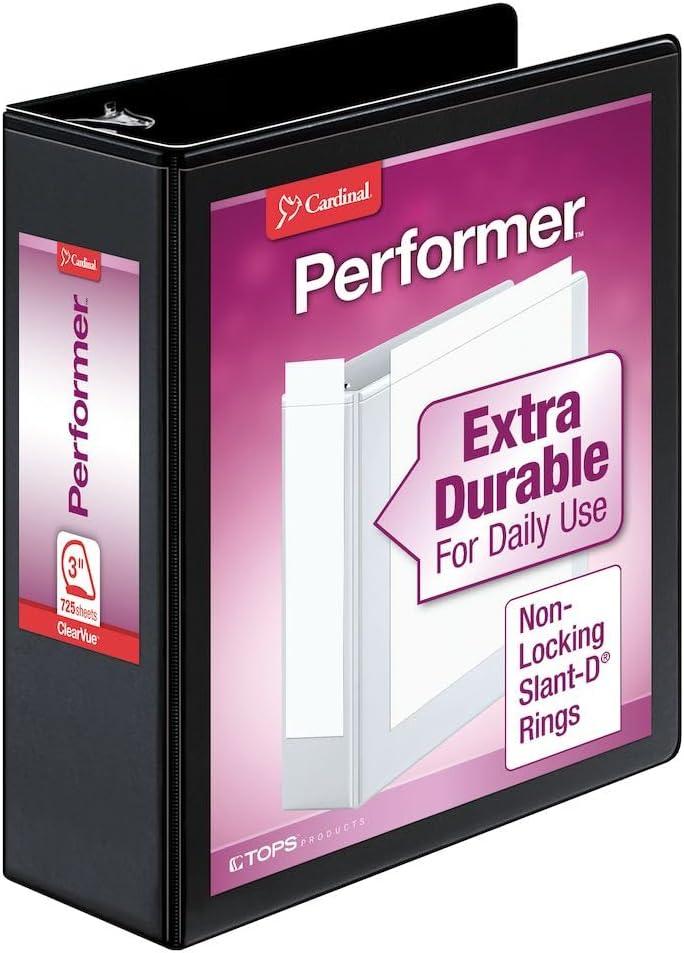 Cardinal 17601 Performer ClearVue Slant-D Ring Binder, 3-Inch Cap, 11 x 8 1/2, Black