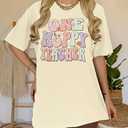 Easter Teacher Shirt for Women One Hoppy Teacher Shirt Easter Bunny Teach Top Retro Teaching Tee Easter Day Gift Apricot, Size: L