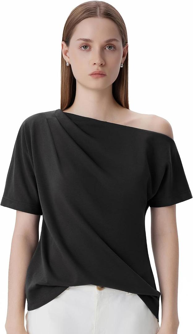 SUUKSESS Off the Shoulder Tops for Women Short Sleeve Asymmetrical Top Trendy Summer Going Out T-Shirts (Black, S)