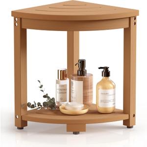 Waterproof Corner Shower Stool for Inside Shower, Poly Lumber Shower Bench Seat Chair, Bath Shower Stool for Shaving Legs Foot Rest with Storage Shelf, Adjustable & Non-Slip Feet, Teak Brown
