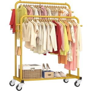 Laiensia Double Rods Garment Rack with Wheels, Clothing Rack for Hanging Clothes,4 Hooks, Multi-functional Bedroom Clothes Rack, Gold