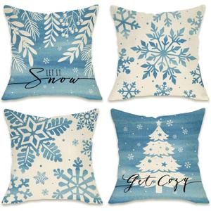 Fahrendom Winter Snowflake Decorative Throw Pillow Covers 18 x 18 Set of 4, Let It Snow Blue Christmas Tree Leaves Outdoor Pillowcase, Get Cozy Christmas Holiday Farmhouse Cushion Case Home Decor