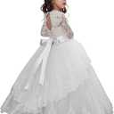 Vintage Princess Floral Lace Long Sleeves First Communion Dresses Flower Girls Dresses (Size 6, White)