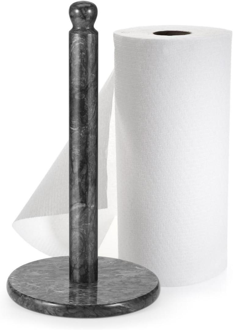 Flexzion Marble Paper Towel Holder 12 inch (Black) - Kitchen Countertop Paper Towel Holder Stand Rack with Roll Dispenser Pole and Weighted Marble Base for Tables Home Dining Bathroom Storage