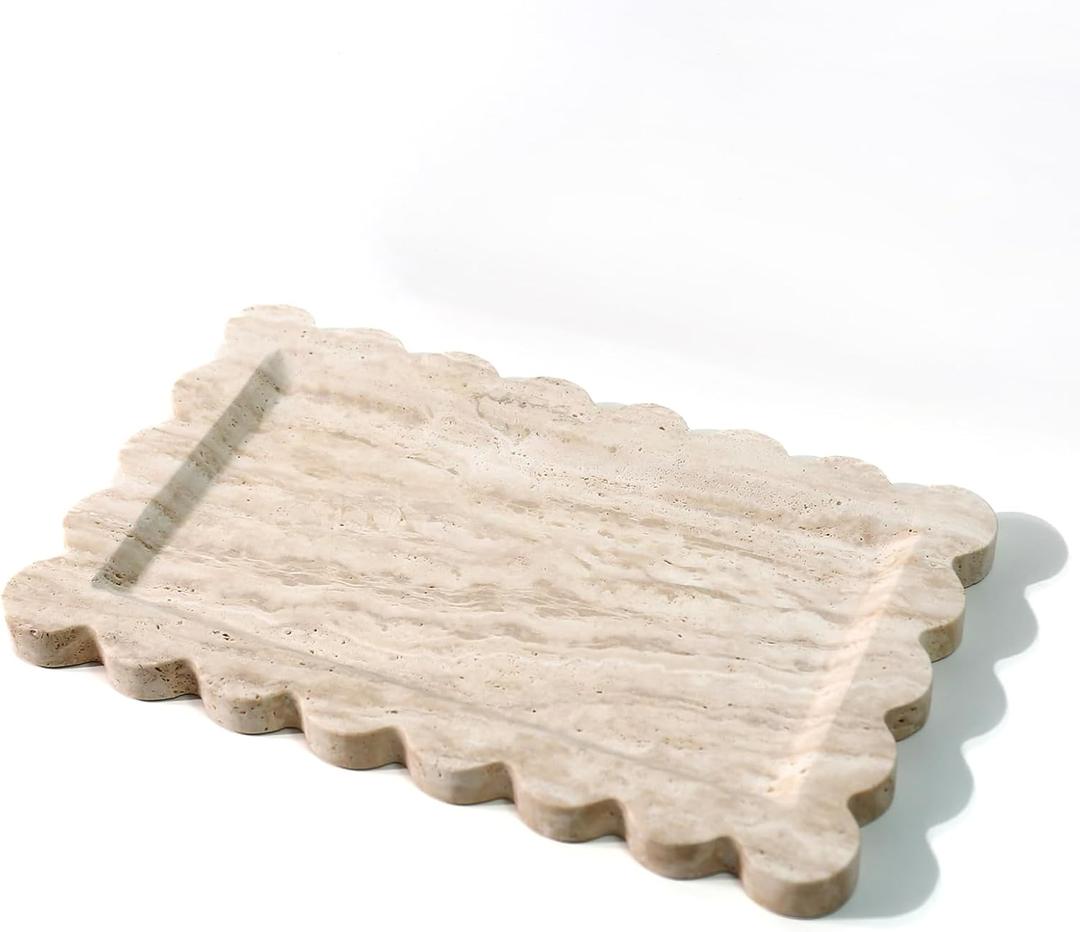 Natural 100% Marble Vanity Tray Luxury Scalloped Marble Storage Rectangle Italian Travertine Tray for Home Decor Stone Tray for Bathroom/Kitchen/Candle Key (Rectangle-11.8 * 7.4-Beige Travertine)