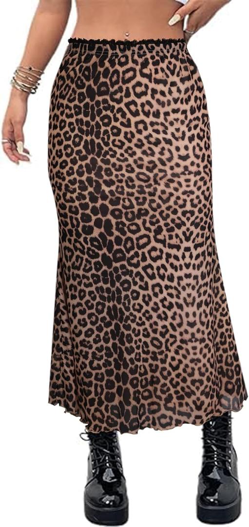Avanova Women Leopard Cheetah Mesh Long Skirts High Waisted Mermaid Bodycon Midi Skirt Khaki Leopard Small