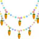 Easter Party Decorations Garland, 2pcs Pom Pom Balls Banner with 3D Felt Carrots Hanging Pastel Birthday Decorations Rainbow Wall Window Fireplace Tree Decor for Home Office Classroom Easter Supplies