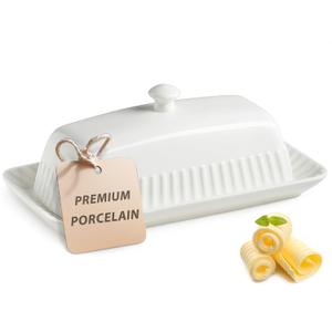 Ceramic Butter Dish with Lid, White Butter Holder Container with Porcelain Cover Knob Handle, Butter Dishes for Countertop Refrigerator, Perfect for East West Coast Butter Storage, Striped (Stripe-8.25")