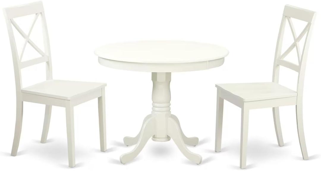 East West Furniture ANBO3-LWH-W 3 Piece Kitchen Table & Chairs Set Contains a Round Dining Room Table with Pedestal and 2 Solid Wood Seat Chairs, 36x36 Inch, Linen White