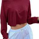 SOFIA'S CHOICE Women's Sexy Off Shoulder Long Sleeve Crop Tops Boat Neck Loose Asymmetrical Tops Burgundy Red Medium