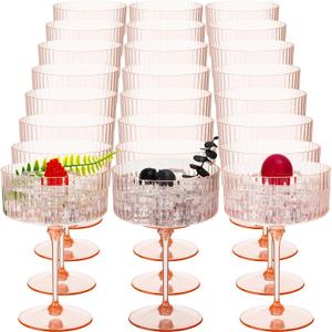 24 Pcs Ribbed Martini Glasses 10 oz Disposable Plastic Vintage Ribbed Coupe Glasses Unbreakable Dessert Parfait Glassware for Wedding Birthday Party Supplies (Champagne Powder)