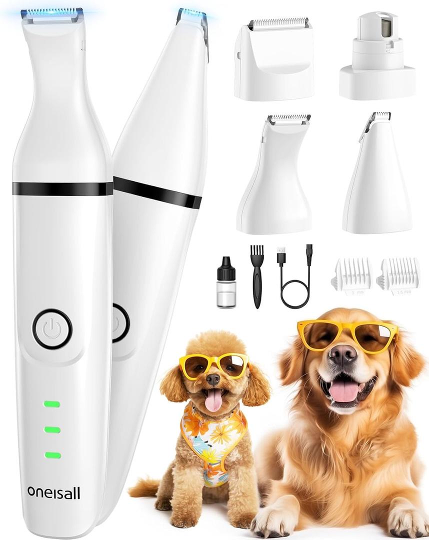 oneisall 4-in-1 Cordless Dog Grooming Kit with 2-Speed Clippers, Low Noise Paw Trimmer & Rechargeable Quiet Nail Grinder for Dogs and Cats (White) (Beige)