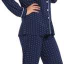 Joyaria Womens Bamboo Viscose Pajama Sets Long Sleeve Button Down Cooling Sleepwear Soft Comfortable Pj Pants Set for Women (Medium, Long-navy Polka Dot)
