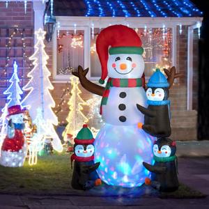 6.3 FT Christmas Inflatable Doll Outdoor Decoration, Snowman with Three Penguins Christmas Large Yard Lawn Decoration, with LED Rotating Colored Lights, Christmas Decoration Gifts