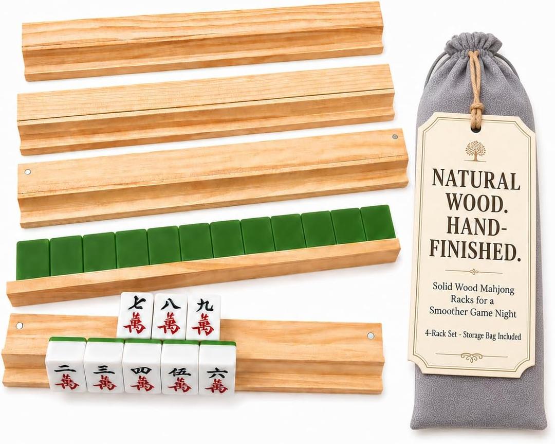 Wooden Mahjong Racks with Magnetic Pushers Set of 4 for American Mahjong, Smooth Tile Pushing, Keeps Tiles Neat, Solid Wood Mahjong Rack Set for Game Night & Mahjong Lovers（18in）