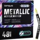Metallic Acrylic Paint Markers, 48 Colors Dual Tip Acrylic Metallic Markers Set (Brush & Fine), Glitter Paint Pens for Black Paper, Rock Painting, Glass, Wood, Ceramic, DIY Arts and Crafts