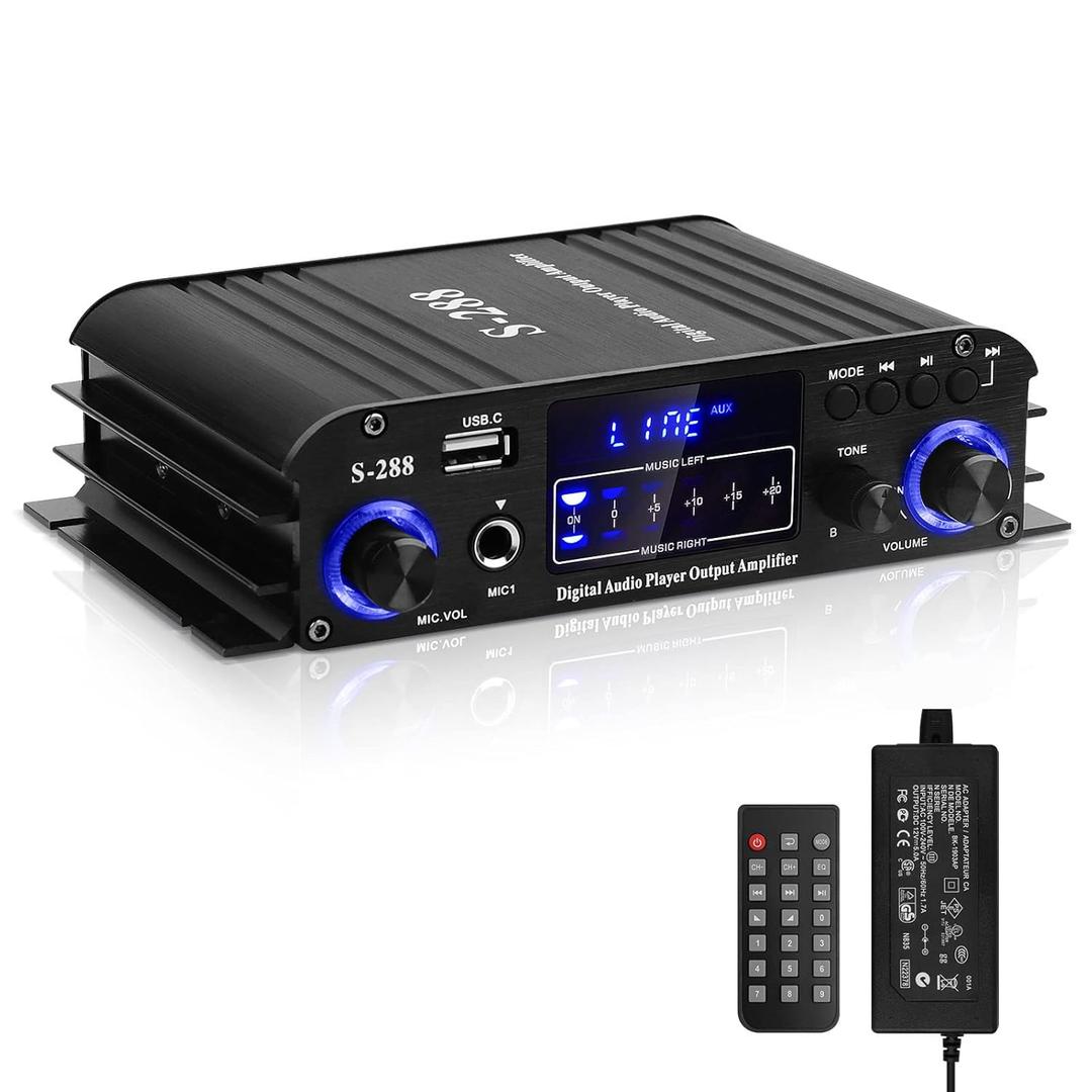 Stereo Audio Amplifier for Home Speakers S-288 Bluetooth 5.0 HiFi Mini Audio Component Amplifiers Receiver 4.0CH RMS 40Wx4 Max. 600W Integrated Power Amp W/USB,FM,Adapter