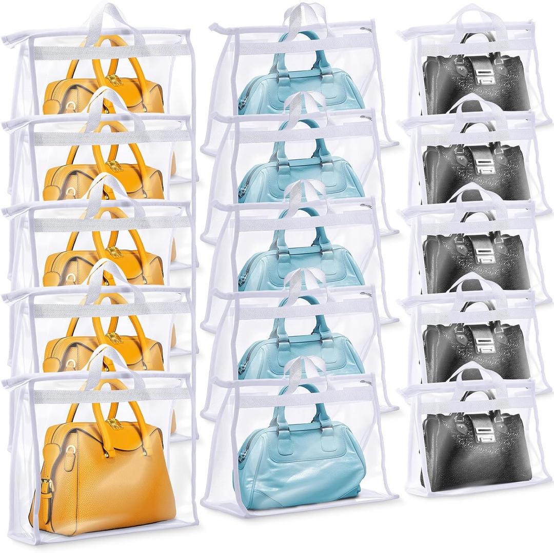 Aliceset 15 Pieces Purse Dust Bags for Storage 3 Sizes Clear Handbag Storage Organizer, Dust Bag Cover Purses with Zipper and Handles for Handbag Closet Organizer(White)