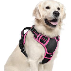rabbitgoo Dog Harness for Large Dogs, No Pull Pet Vest with 3 Buckles, Adjustable Soft Padded Pet Harness with Easy Control Handle and Reflective Strips, Black & Rose Pink, XL