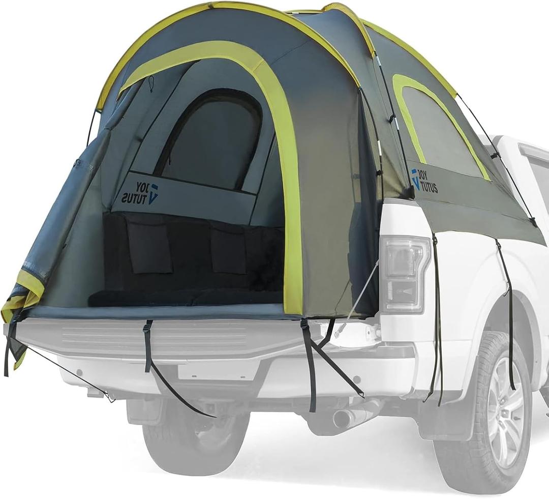 JOYTUTUS Pickup Truck Tent 2.0, Waterproof PU2000mm Double Layer for 2 Person, Portable Truck Bed Tent with Rainfly, 5.5'-6' Camping Preferred - Green (5.5-6 ft, Fiberglass rod, Gray Green)