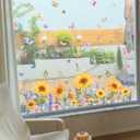 Sunflower Window Clings Floral Bouquet Window Stickers Double-Sided Spring Garden Flower Window Cling Squirrel Butterfly Glass Decals for Bird Windows Strike Prevention (Sunflower)