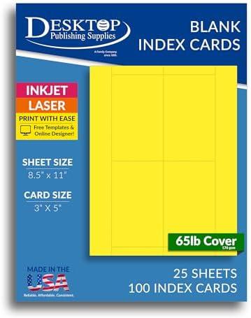 65lb Bright Yellow Printable Index Cards 3x5 - Index Card Sheets for Inkjet & Laser Printers - Perforated cards 4 per page - 25 Sheets / 100 Index Cards