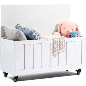 HYZ Storage Chest, 39.4'' Wooden Storage Bench with 4 Wheels & 2 Safety Hinges, Retro Toy Box Support 300 lbs for Bedroom, Living Room, Easy Assembly, White