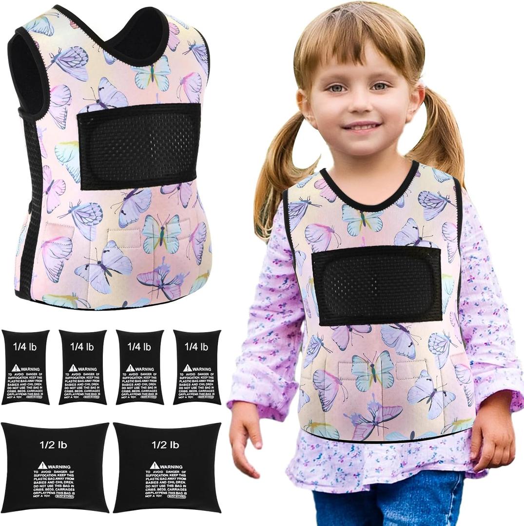 Janmercy Weighted Vest for Kids Ages 4 to 7 and Ages 8+ Boy Girl Adjustable Breathable Compression Vest for Processing Issue(Butterfly,Small,Pink)