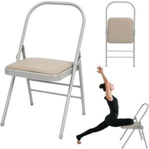 RattanView Yoga Auxiliary Chair with Lumbar Back Support Backless Folding Metal Foldable Flexibility Exercise Chair Balance Handstand Training Tool for Back Pain Relieving Strength Training