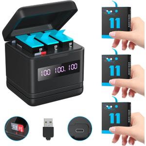 Replacement Batteries 2000mAh(3-Pack) for Hero 12/11/10/9 & Storage Fast Charger with High-Speed Micro SD Card Reader Function, Fully Compatible with Gopro 12/11/10/9 Original Battery and Charger